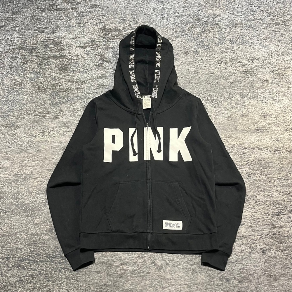 Victoria's Secret Pink Zip Up Hoodie Womens Medium Black White Sweatshirt